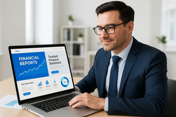 A confident finance manager reviewing a modern professional website design on a laptop in a bright office setting showing financial reports and creative web elements emphasizing trust and digital innovation