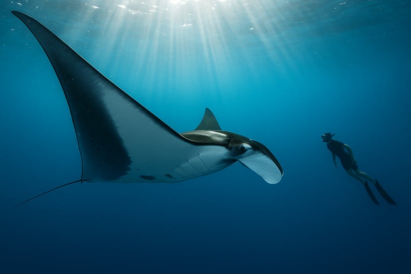A highend editorial underwater photograph of a giant manta ray Mobula birostris gliding over a vibrant planktonrich blue ocean sunbeams filtering from the surface a respectful snorkeler at a distance for scale no bubbles or touching natural colors ci