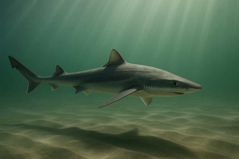 Highend editorial photograph underwater of a tope shark Galeorhinus galeus cruising above sandy seabed in the North Sea soft backscatter muted green water beams of light dynamic but calm composition 32 aspect ratio