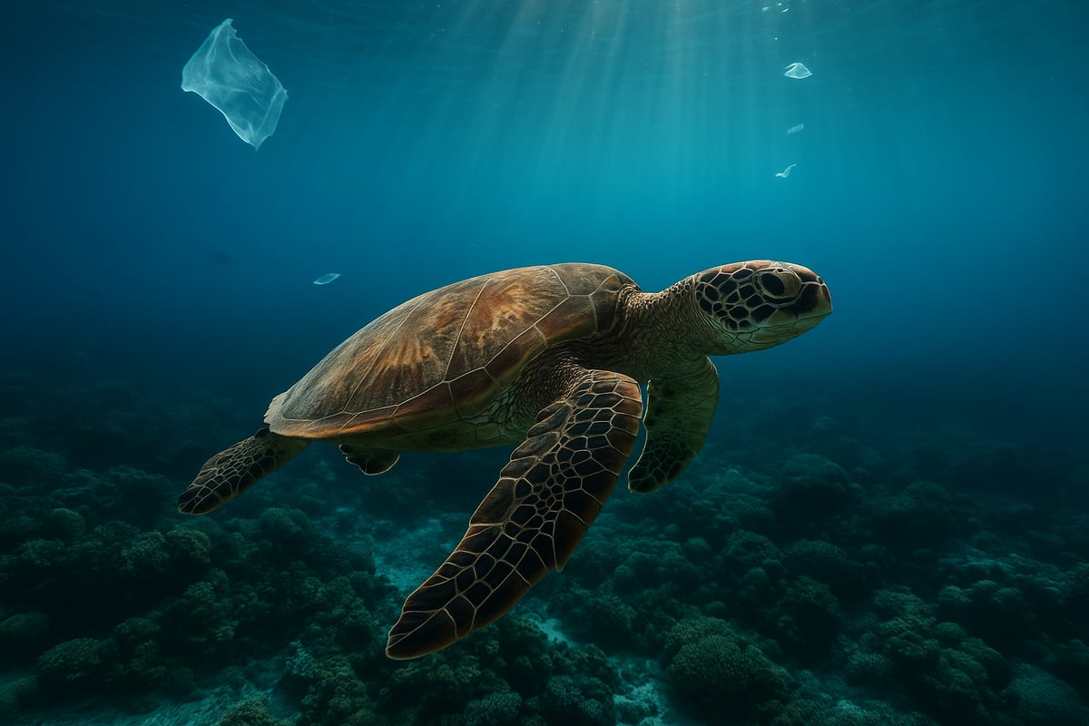 Highend editorial underwater photo of a green sea turtle Chelonia mydas gliding above a coral reef with a few drifting plastic fragments in the background at a respectful distance sunrays from surface blue tropical water cinematic natural colors 32 c