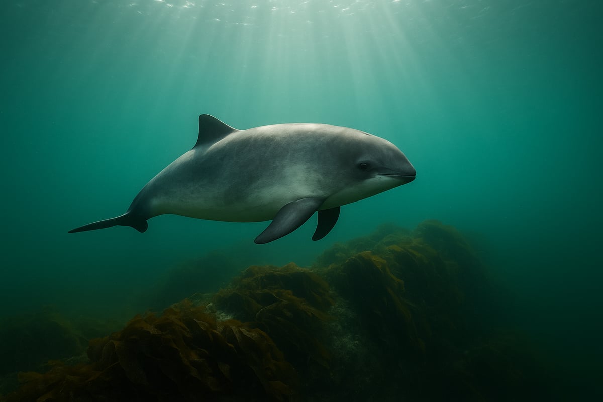 Highend editorial underwater photograph of a harbor porpoise Phocoena phocoena swimming through greenblue North Sea water near a kelpcovered reef soft sunbeams from the surface no divers natural color detailed texture calm mood 32 composition